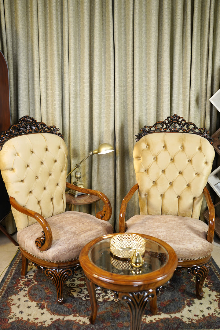 Luxury Carved Wood Tufted Armchair